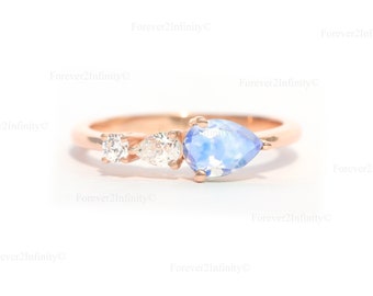Natural Moonstone Engagement Ring, Pear Moonstone Ring, 3 Stone Unique Women Bridal Promise Ring, June Birthstone, Anniversary Wedding Gift
