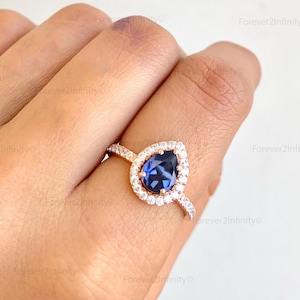 Art Deco Pear Shape Blue Sapphire Engagement Ring, Vintage Rose Gold Sapphire Bridal Ring Diamond Promise Ring For Women Unique Gift For Her