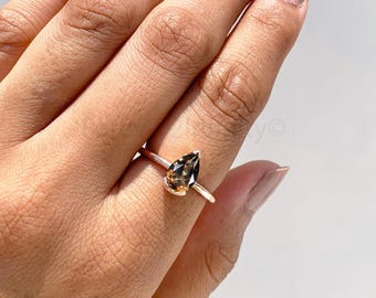 Natural Pear Shaped Smoky Quartz Engagement Ring, Vintage Smoky Quartz Solitaire Ring, Bridal Promise Ring For Women, Birthday Gift For Her
