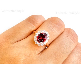 Natural Red Garnet Engagement Ring, Oval Red Garnet Diamond Ring, January Birthstone, Bridal Promise Ring, Anniversary Birthday Gift For Her