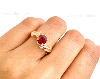 Vintage Red Garnet Ring, Natural Round Garnet Engagement Ring, Red Gemstone Ring, Promise Ring, January Birthstone, Garnet Twist Leaf Ring