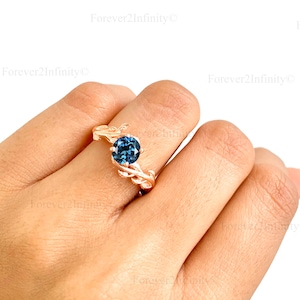 Natural Round London Blue Topaz Ring, 14K Rose Gold Leaf Ring, Blue Gemstone Engagement Ring, November Birthstone, Promise Ring Gift For Her