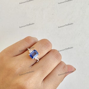 Vintage Blue Sapphire Engagement Ring, Emerald Cut Sapphire Ring For Woman, Sapphire Promise Ring, September Birthstone, Anniversary Gift