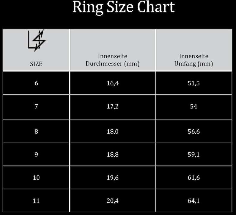 May include: Ring size chart with measurements in millimeters. The chart shows the inside diameter and circumference of rings in sizes 6 through 11.