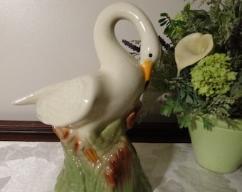 Vintage Glazed White Swan Standing Among Cattails Figurine