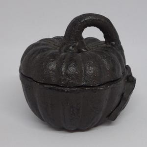 May include: A dark gray, cast iron pumpkin-shaped box with a lid and a curved handle. The box has a textured surface and is designed to resemble a pumpkin. Ideal for Halloween or fall decor.