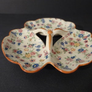 Vintage Floral Divided Condiment Serving Dish  Relish Dish  Candy Dish