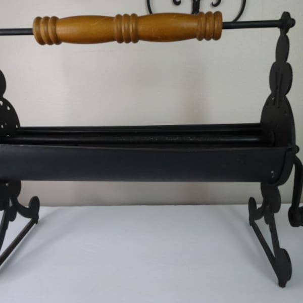 Vintage Cast Iron Newspaper Roller Stand with Wood Handle