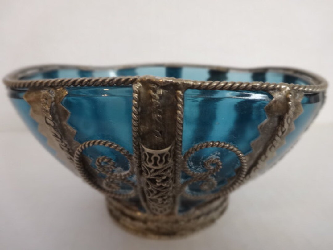 Vintage Vereco France Blue Glass Bowl With Handmade Metal Art Etsy