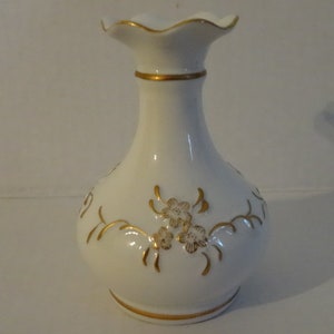 Delicate Vintage White Porcelain Vase with Gold Floral Design and Trim