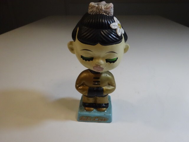 Figurine Vintage Asian Boy Bobble Head - Yeux En Pierre, Collection, état D'usage