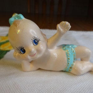 Vintage Bisque Kewpie Style Doll  Wearing Blue Diaper and Hair Bow  Kitch