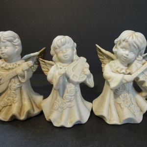 Three Vintage Bisque Angels Playing Musical Instruments