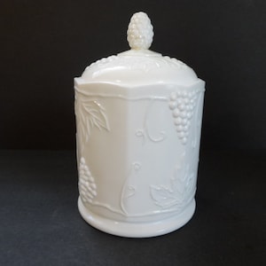 Vintage Imperial White Milk Glass with Lid Candy Dish with a Grape and Leaf Design