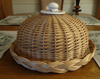 Vintage Wicker Tray and Cloche with Ceramic Top Knob