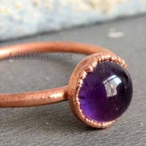 Genuine Amethyst Ring, 925 Sterling Silver OR Copper Ring, Round Shape Electroformed Amethyst Ring, Unisex February Birthstone Gift Ring,