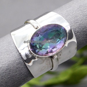 Natural Mystic Topaz Ring, 925 Solid Sterling Silver Wide Band Ring Gemstone Rings Boho Ring Oval Mystic Topaz Silver Ring, Ring for Gifting