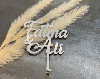 Cake Topper, Tortendeko, Blumenstecker personalisiert mit 2 Namen, Tortenstecker mit Wunschname, Kuchenaufsatz, Wedding