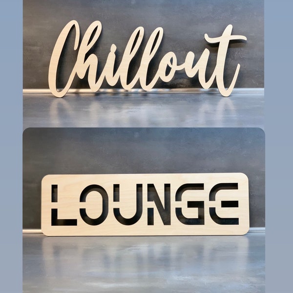 Wandspruch "Chillout Lounge", Wanddeko, Entspannungszone, Schriftzug aus Holz, Holzschild