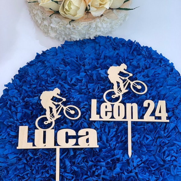 Mountainbike, Personalisierter Cake Topper zur Geburtstag mit Wunschname, Radsport Tortendeko, Tortenstecker, Kuchenaufsatz