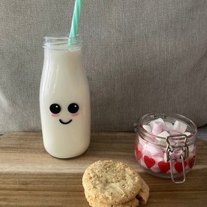 Mini glass milk bottle | retro milk style bottle | anime / cartoon face | good for hot chocolate stations | milk bottle | milkshake bottle