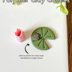 May include: Polymer clay cutters in micro size 8mm. The image shows a pink flower cutter and a green lily pad cutter with a small frog. The text says "8mm is perfect for small studs and details on larger pieces."