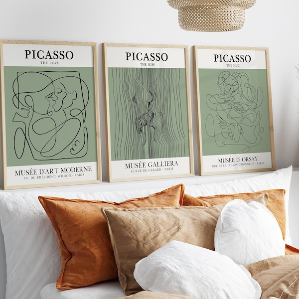 Sage Green Wall Art, Above Bed Art, Couple Line Art, Pablo Picasso Print Set of 3, Couple Line Drawing, Picasso Poster, Sexy Bedroom Art