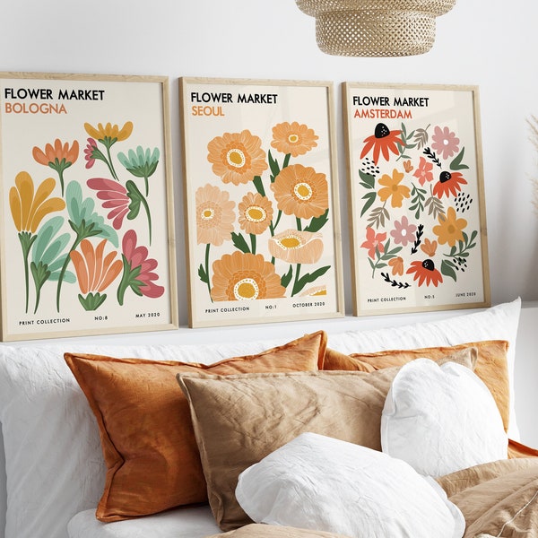 Flower Market Print Set, 3 Piece Wall Art, Flower Market Poster, Triptych Wall Art, Botanical Print Set, Flower Market Print