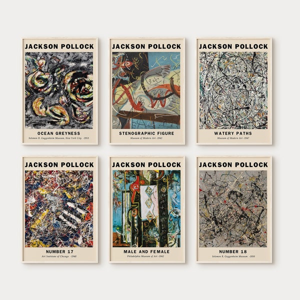Jackson Pollock Print Set of 6, Exhibition Poster Set, Painting Poster Print, Oil Painting, Museum Exhibition, Gallery Wall Art