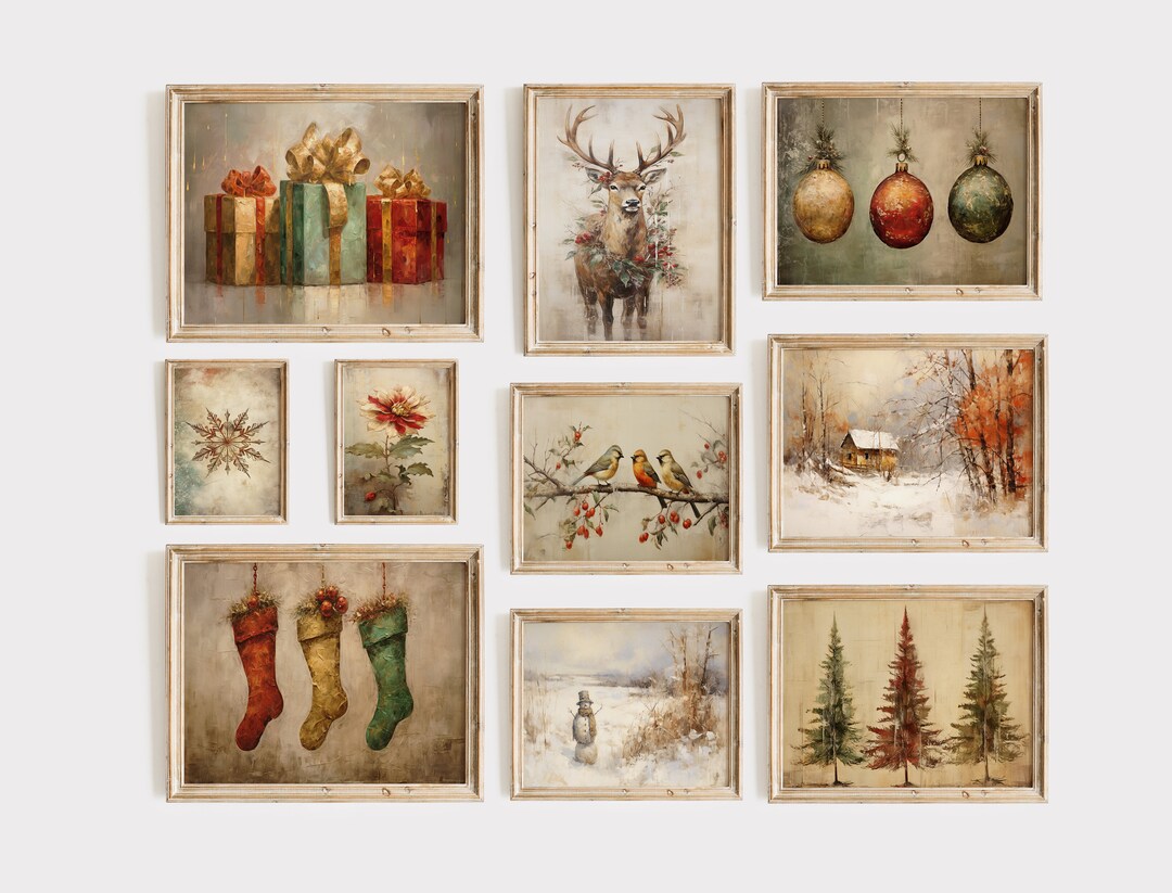 Rustic Christmas Wall Art Set of 10, Rustic Christmas Gallery Wall Set