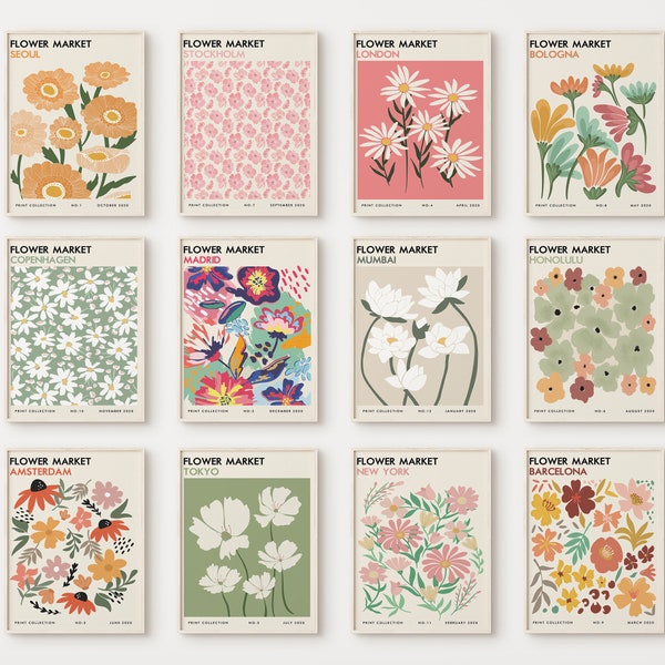 Set von 12 Blumenmarkt Poster, botanische Wandkunst, druckbare Wandkunst, Blumenmarkt Poster, botanisches Druckset, herunterladbare Kunstdrucke