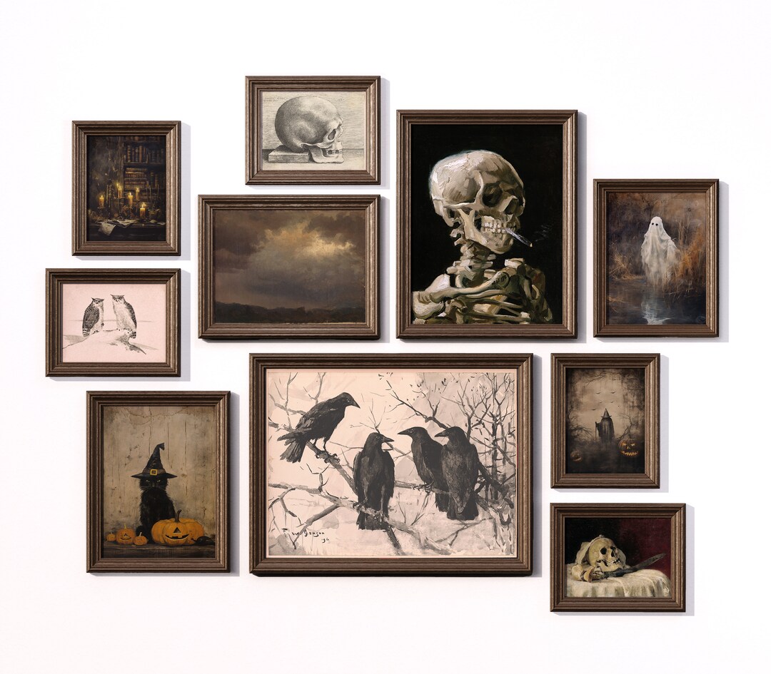 Vintage Halloween Gallery Wall Set, Halloween Art Prints, Digital Wall