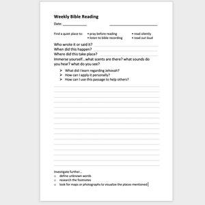 JW Weekly UNDATED Bible Reading Worksheet * PRINTABLE * Personal study * A5  or Full sheet 8.5” x 11”