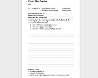 JW Weekly UNDATED Bible Reading Worksheet * PRINTABLE * Personal study * A5  or Full sheet 8.5” x 11”