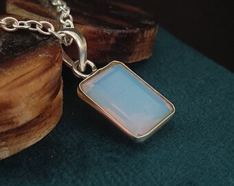 Rectangle Moonstone Silver Finish Pendant, Brass Pendant, Flash Gemstone Pendant, Statement Brass Jewelry, ( with chain )