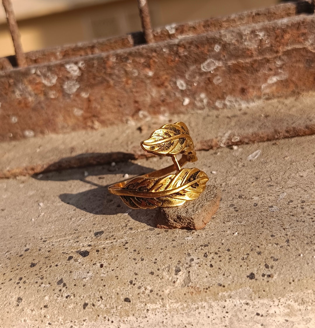 Vintage Leaf Finger Wrap Ring, 14K Gold Finish Oxidized Wrap Ring