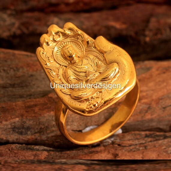 Meditating Buddha Ring 14k Gold Finish Ring Solid Brass Ring