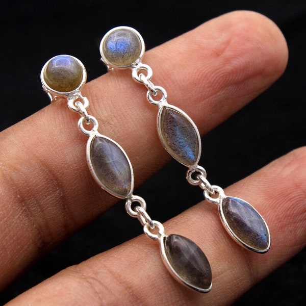 Boucles d'oreilles en labradorite naturelle, boucles d'oreilles labradorite en plaqué argent, boucles d'oreilles pendantes, boucles d'oreilles en laiton avec pierres précieuses, labradorite flash bleue