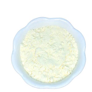 May include: A white, scalloped-edge bowl filled with a light yellow powder. The powder has a fine, granular texture. The bowl is centered against a plain white background, creating a clean and simple composition.