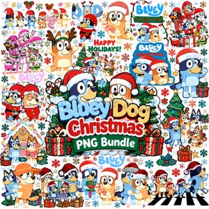 Puede incluir: Una colección digital de personajes Bluey con atuendos navideños, incluyendo gorros de Papá Noel, astas de reno y suéteres festivos. El diseño presenta varias poses, cajas de regalo, árboles de Navidad y copos de nieve con el texto Bluey Dog Christmas PNG Bundle.