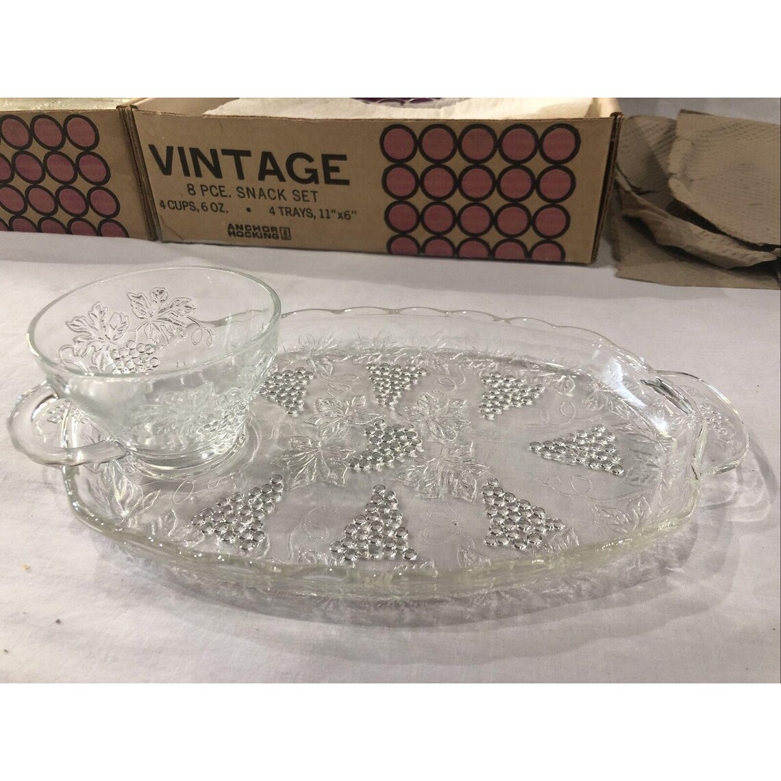 2 Vintage Anchor Hocking 8 Piece Snack Set Clear Glass Grapes Etsy