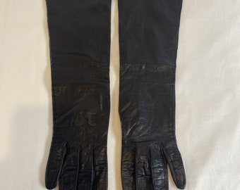 Vintage Long Black Kid Leather Gloves Silk Lined Made in France Size 7 Small