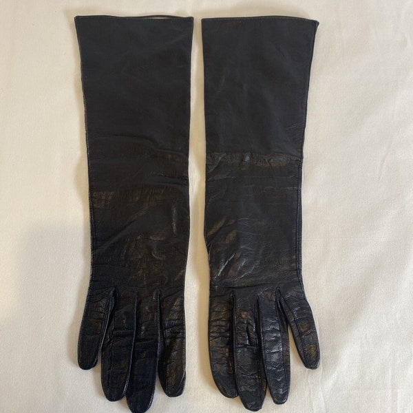Vintage Long Black Kid Leather Gloves Silk Lined Made in France Size 7 Small