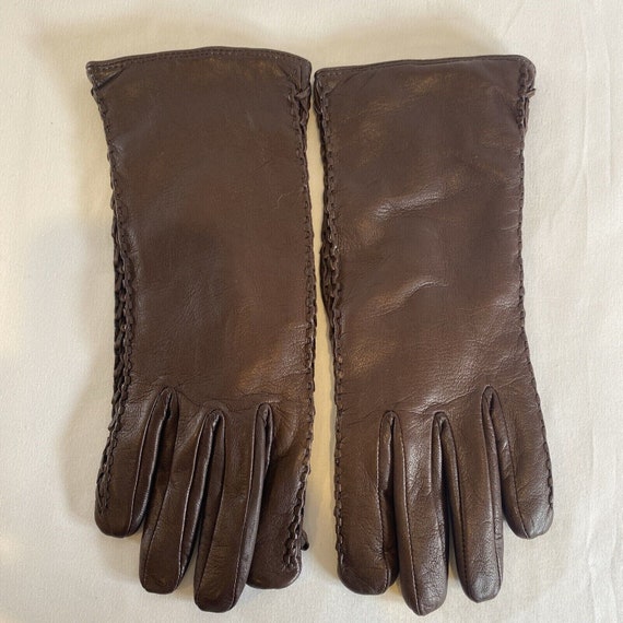 Preston & York Brown Leather Gloves Wrist Length … - image 1