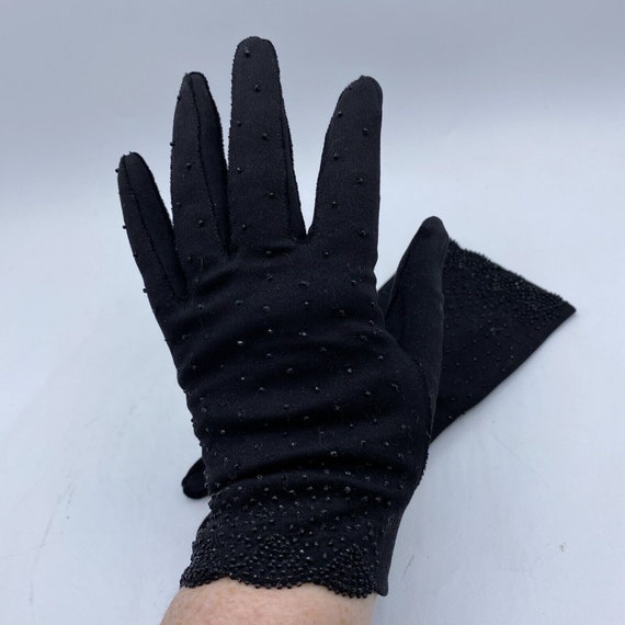 Vintage Black CRESCENDOE Cotton Gloves Seed Bead … - image 3