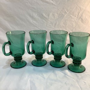 Pedestal Glass Mugs Made by Libby, 7 oz Emerald Green with Gold Rim Vintage 2 Green Glass Footed Mugs with Handles