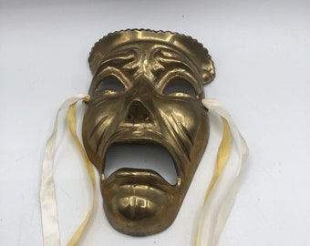 Vintage Solid Brass Theater Drama Tragedy Mask Wall Hang Decor