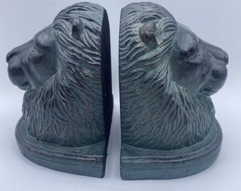 Hand-Carved Lion Head Solid Wood Bookends Set of 2