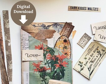 May include: A collage of vintage ephemera with a botanical theme. The central piece features a pocket with floral illustrations and the word "Love." Additional elements include paper strips, labels, and the text "Digital Download."