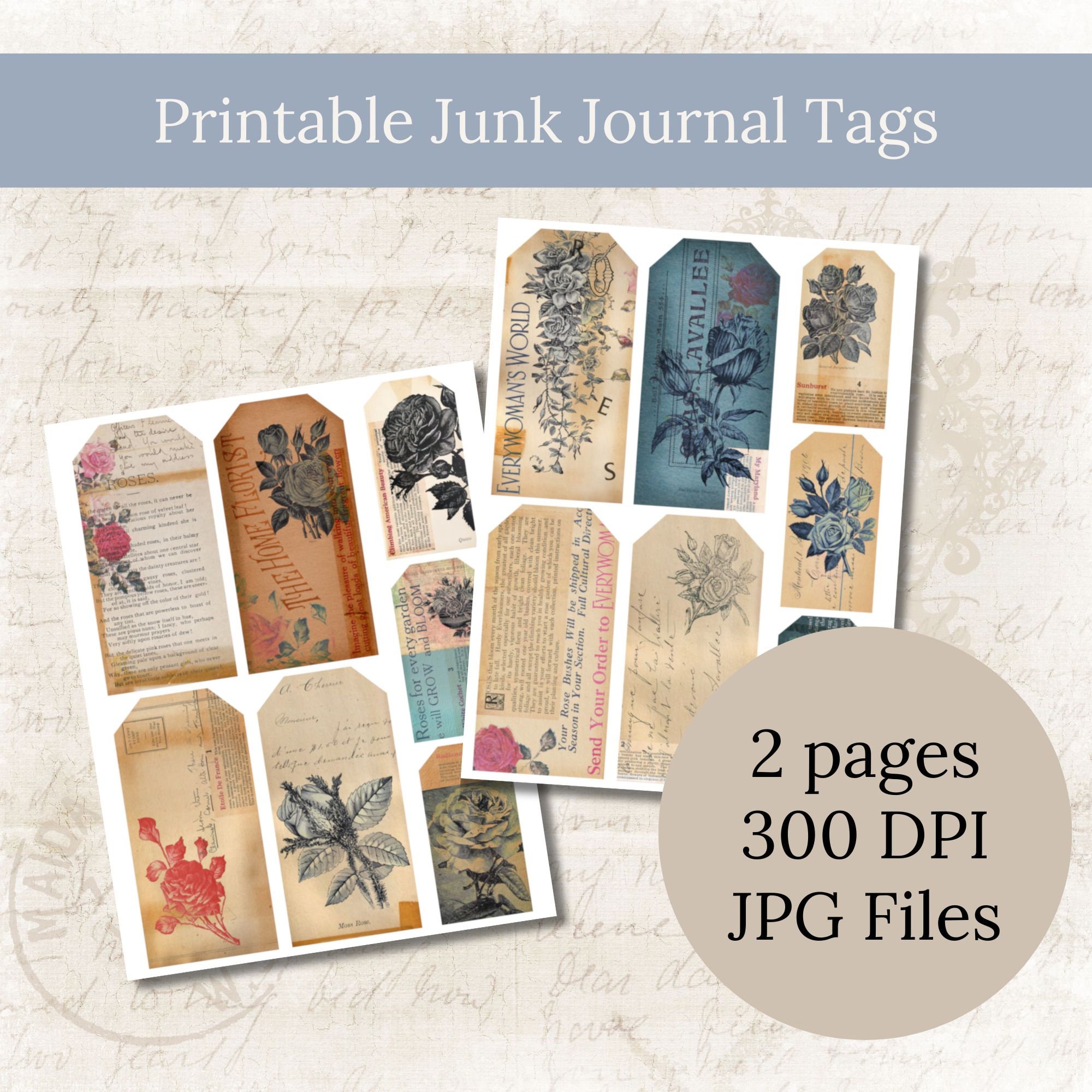 Vintage Junk Journal Tags, Printable Ephemera Pack of 14 Vintage ...